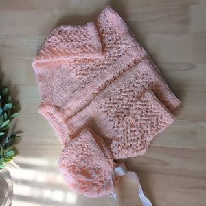Vintage Hand Knit Tangerine Cardigan And Bonnet